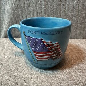 Vintage Fort McHenry Blue Mug with American Flag 3.25” Star Spangled Banner